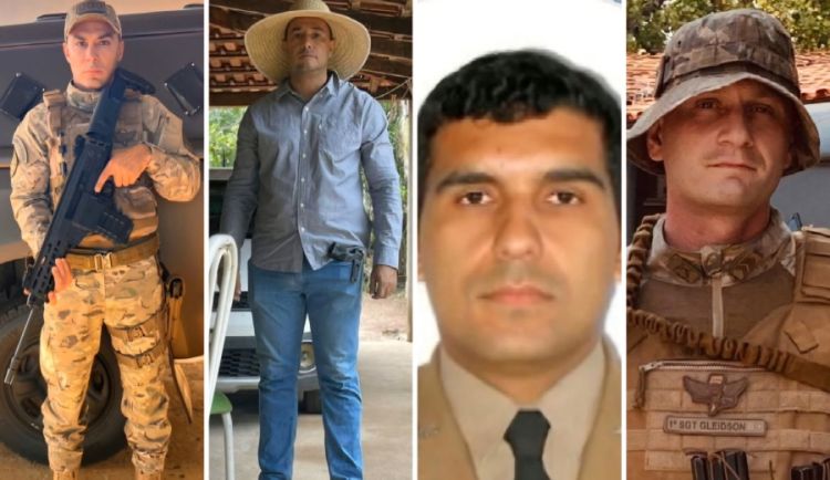 Os policiais militares Liziano José Ribeiro Júnior, Diego Silva de Freitas, Gleidson Rosalen Abib e Anderson Kimberly Dourado de Queiroz morreram em acidente com viatura e carreta na BR-364 — Foto: Reprodução/Redes Sociais