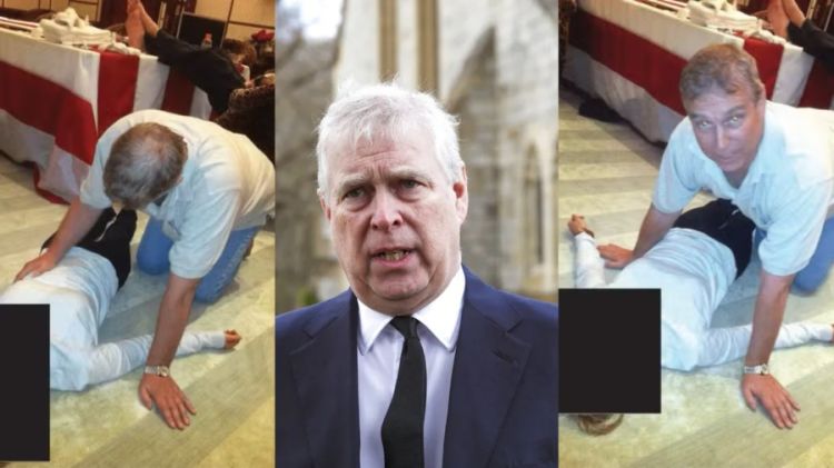 Novos arquivos de Epstein mostram ex-príncipe inglês Andrew ajoelhado ao lado de mulher — Foto: DEPARTAMENTO DE JUSTIÇA DOS EUA/AFP