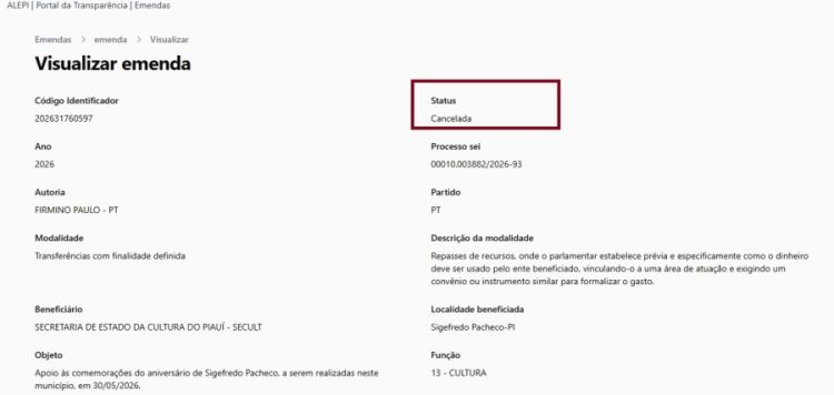 Documentos mostram a mudança do status para cancelada.
